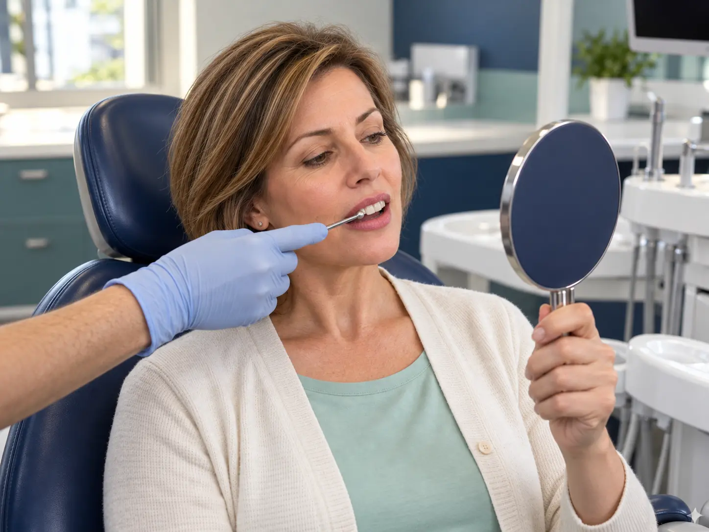 Patient examining a front tooth during a dental bonding consultation
