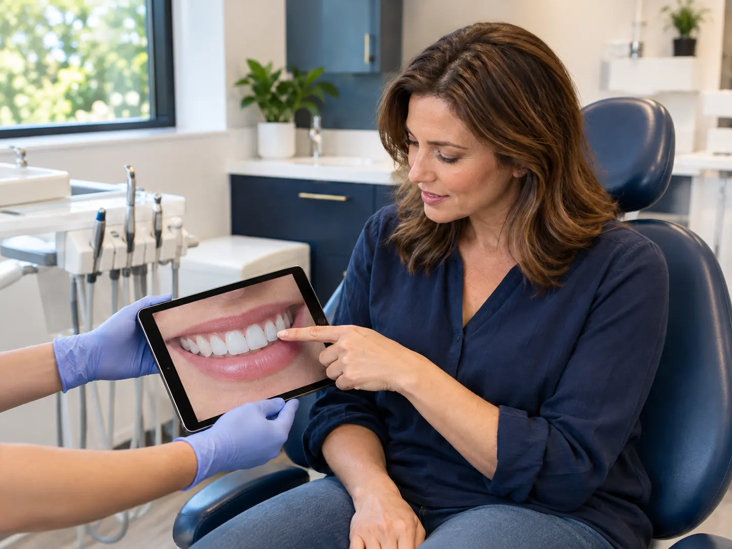 Patient reviewing a smile photograph during a cosmetic dentistry consultation