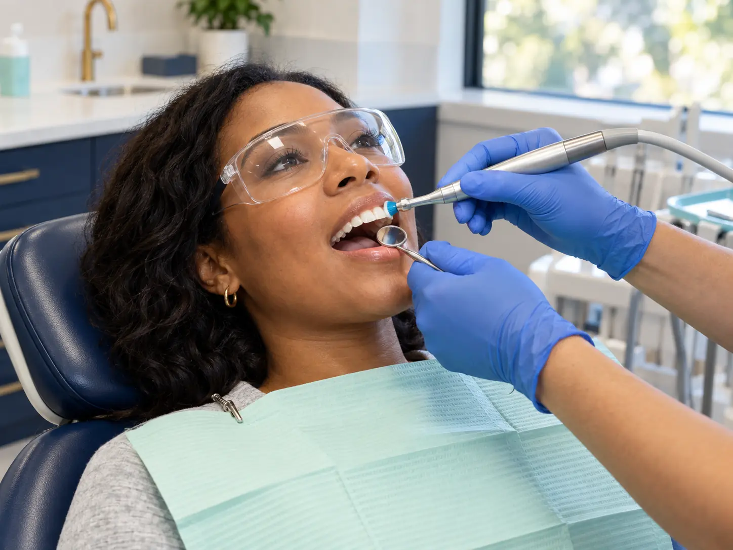 Routine dental cleaning with a mirror and polishing instrument