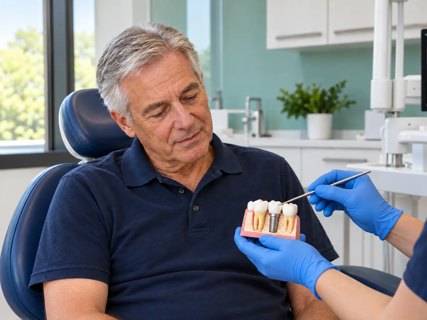 Patient reviewing a dental implant model during a consultation