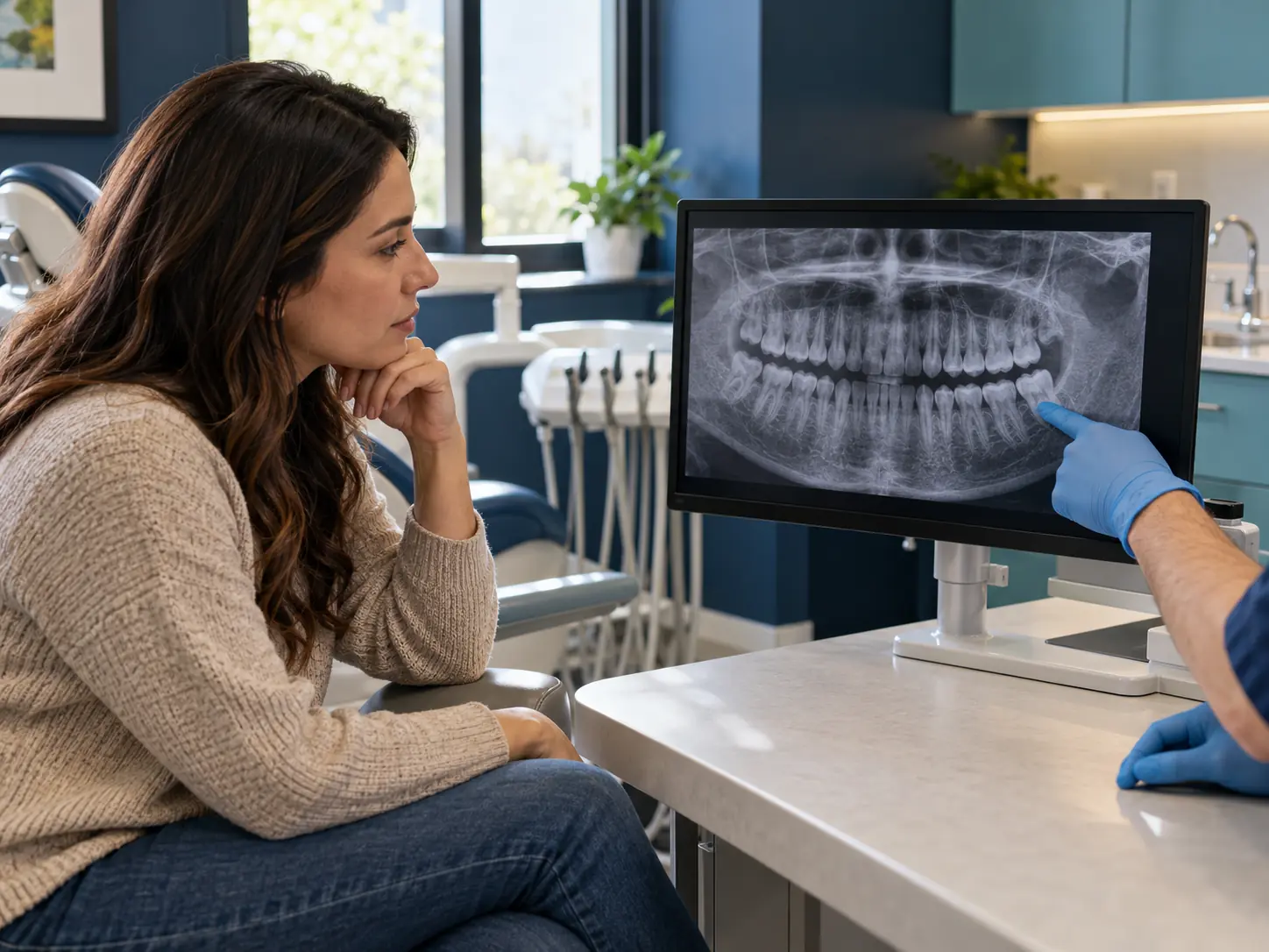 Patient reviewing a dental radiograph during a tooth extraction consultation