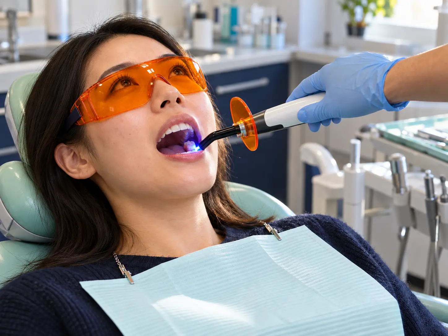Dental curing light hardening a tooth-colored filling