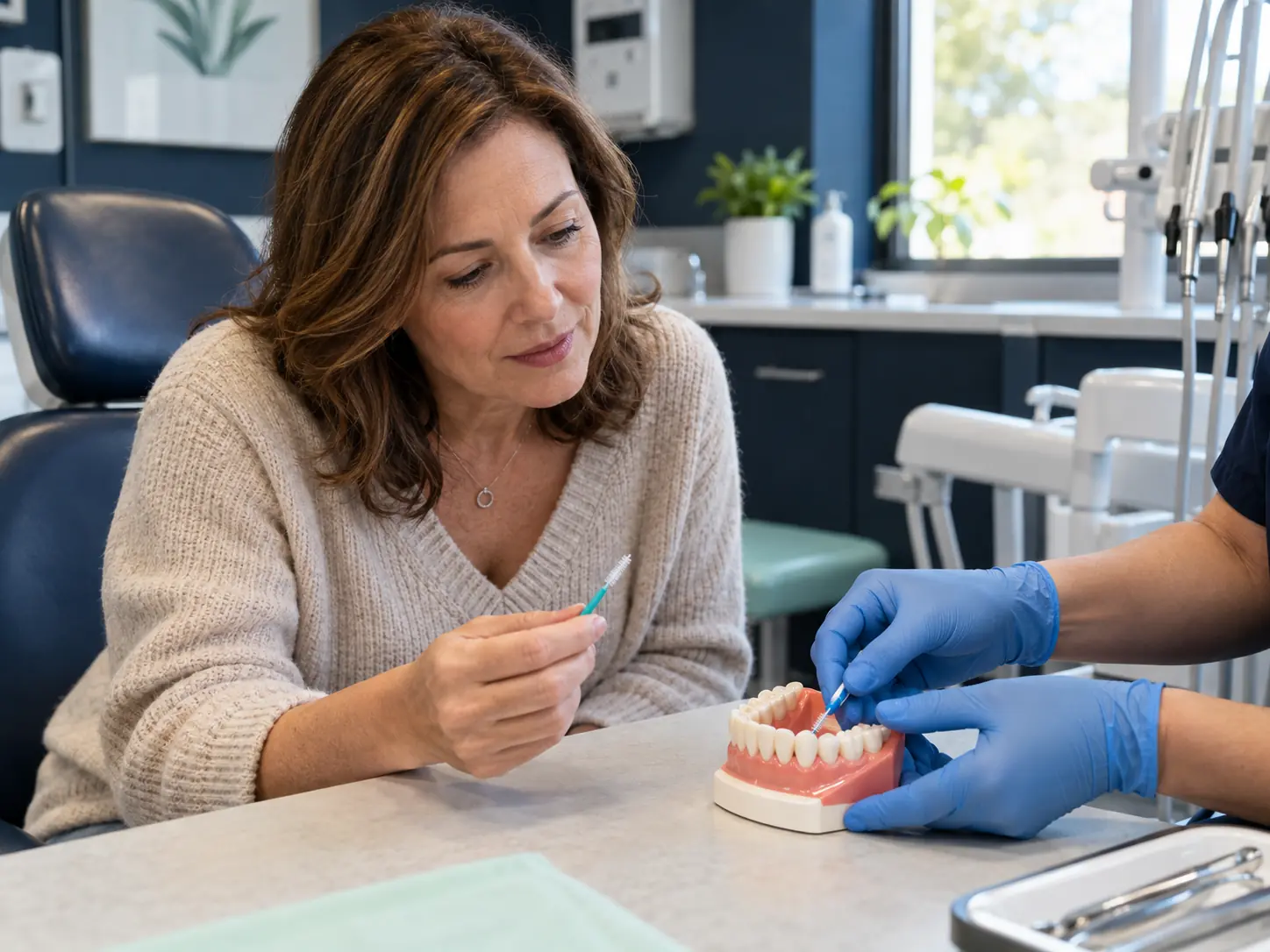 Interdental brush demonstration on a dental model during gum disease treatment planning