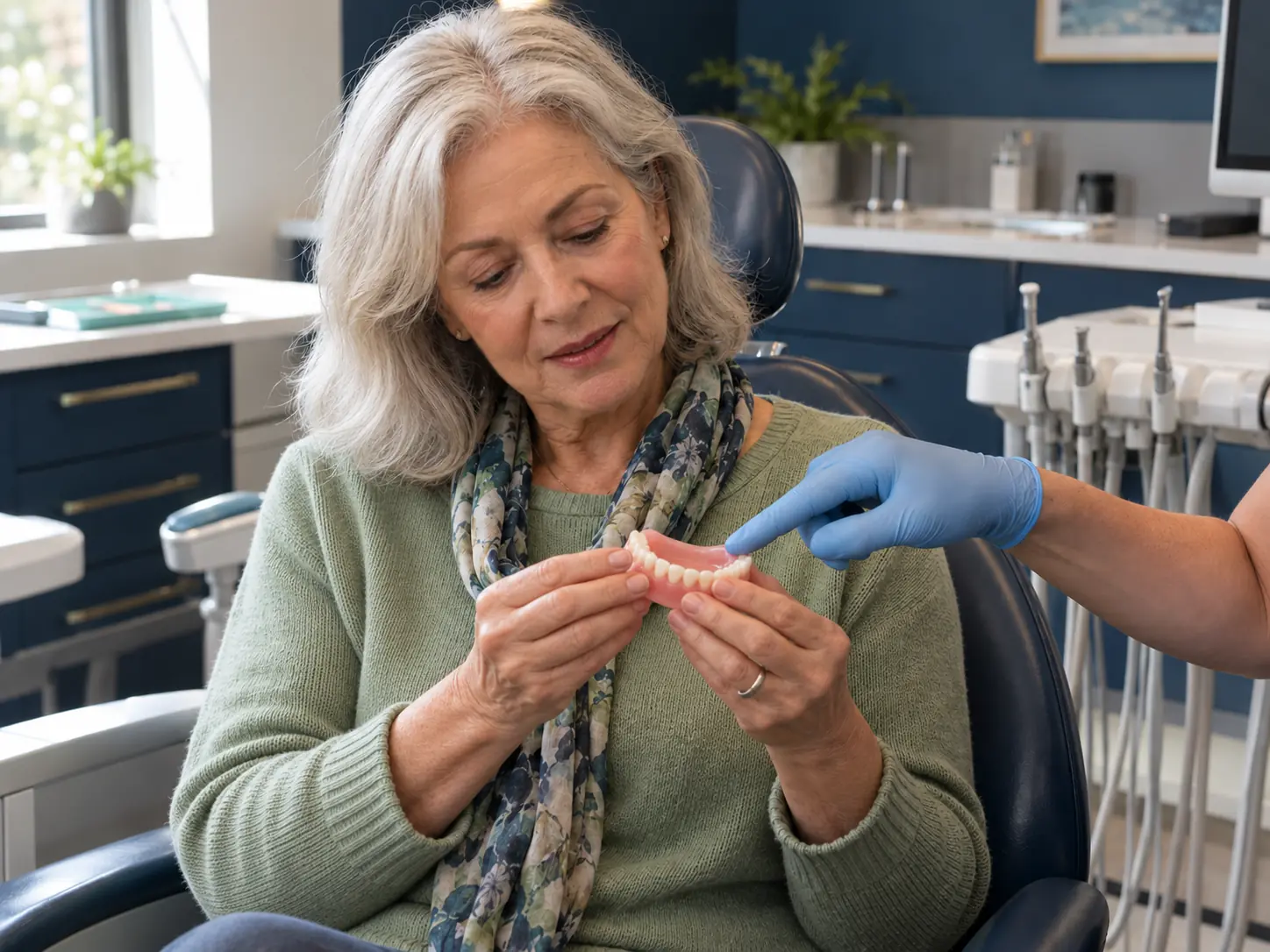 Patient examining a removable denture during a fitting consultation