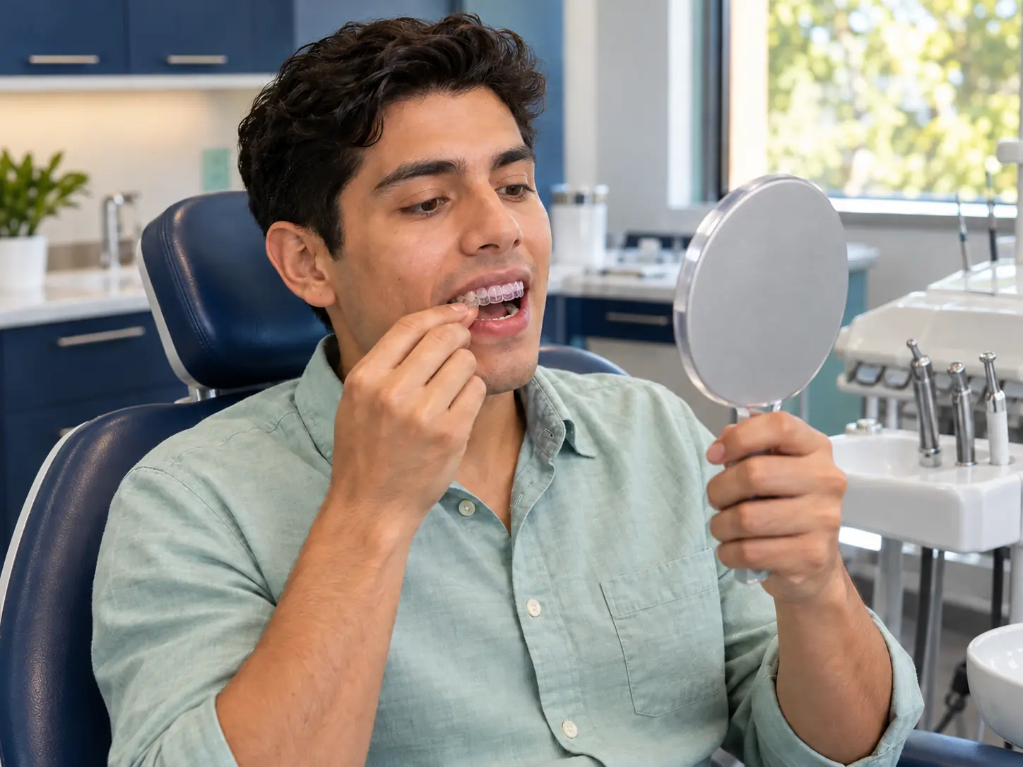 Patient fitting a SureSmile clear aligner while looking in a mirror