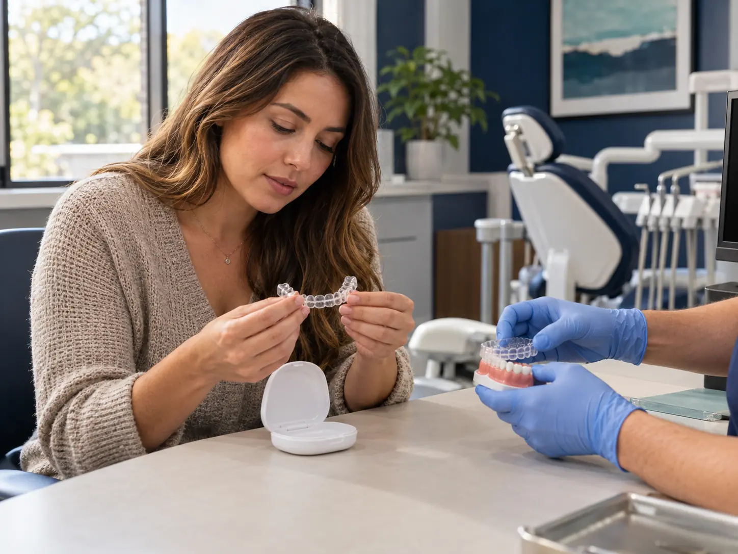 Patient learning to use a take-home teeth whitening tray in a dental office