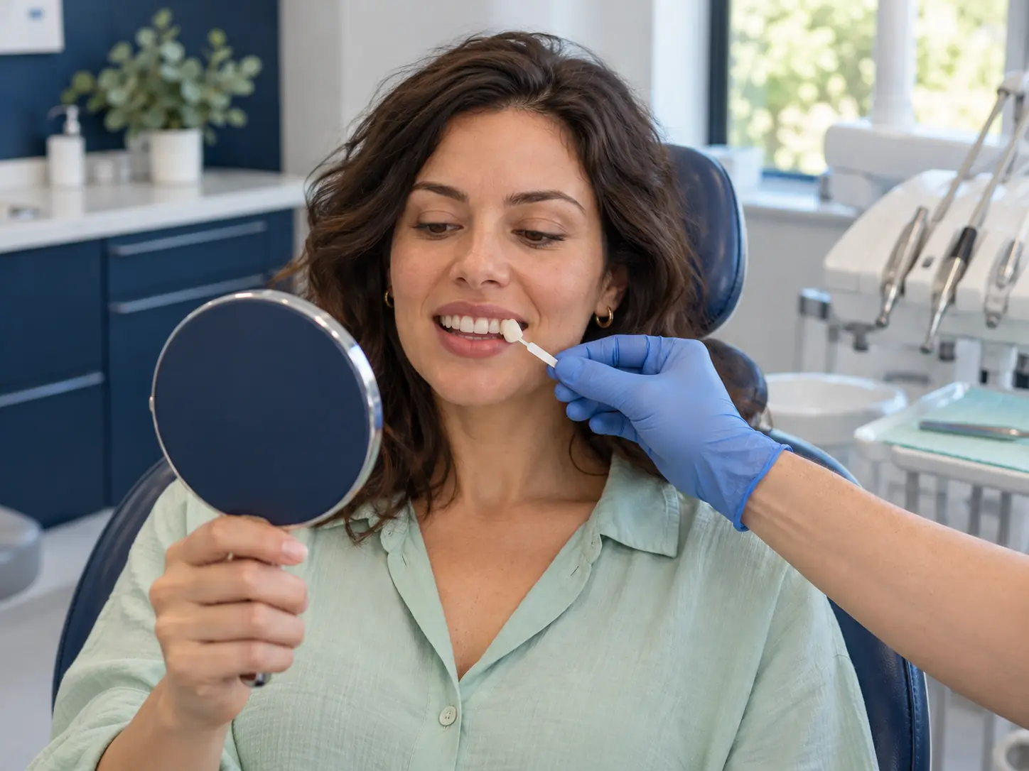 Porcelain dental veneer shade selection beside a patient’s front teeth